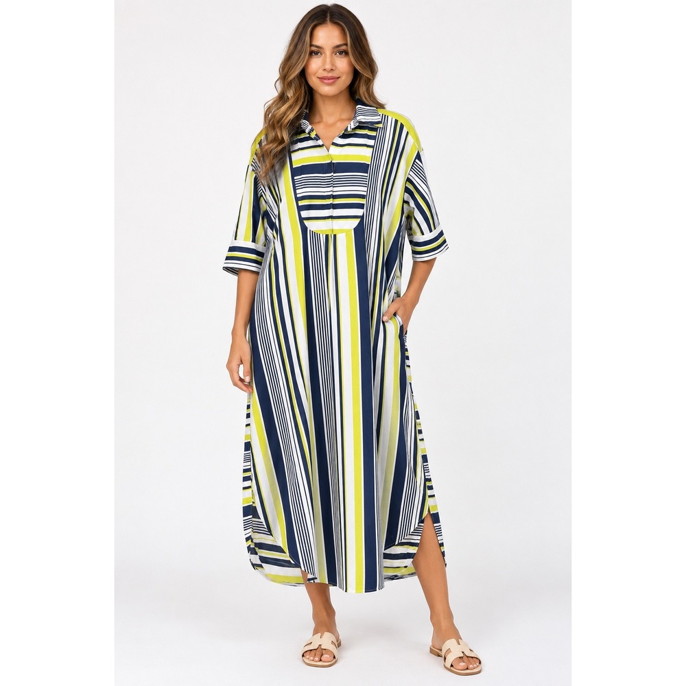 Carla Rockmore Shirt Dress Womens Medium Navy Lime Striped Midi Cotton EUC